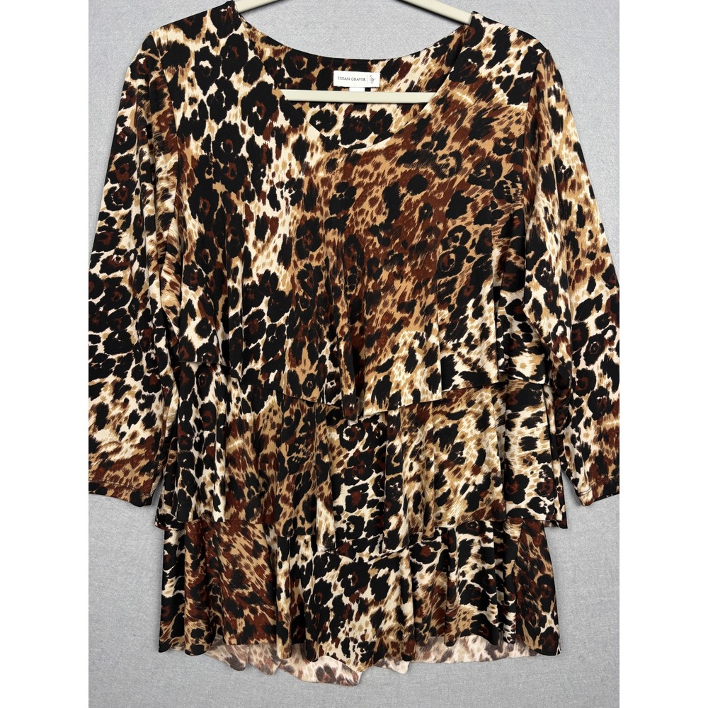 Susan Graver Blouse Womens Large Leopard Tiered Ruffle 3/4 Sleeve V Neck